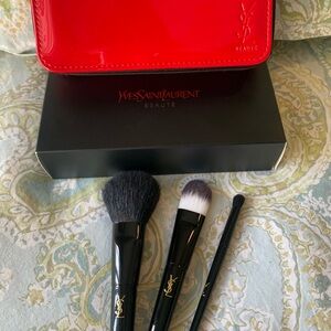 Yves Saint Laurent Glossy Red Cosmetic Pouch with Black Brushes